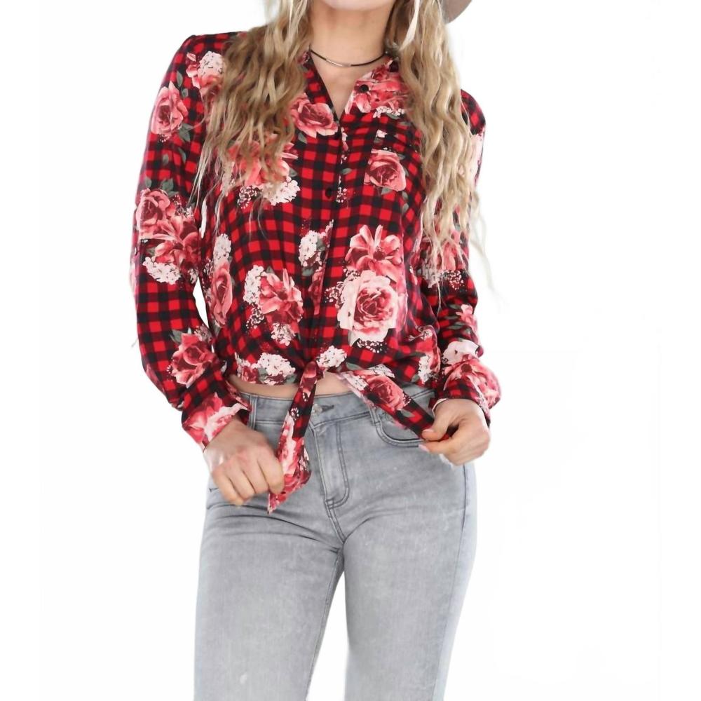 NEW COLLECTIVE RACK button down floral top with tie knot in red